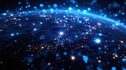 Digital representation of a glowing Earth network with interconnected lights and vibrant colors