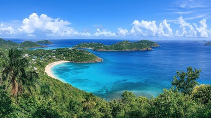 Fototapeta premium A panoramic view of a tropical island paradise with turquoise waves, white sand, and swaying palms under a vivid, sunny sky