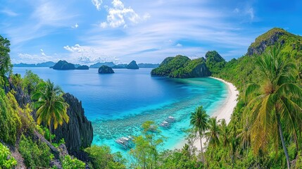 A panoramic view of a tropical island paradise with turquoise waves, white sand, and swaying palms under a vivid, sunny sky