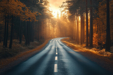 Silhouette of a car on empty beautiful road surrounded by trees at golden hour. Generated by...