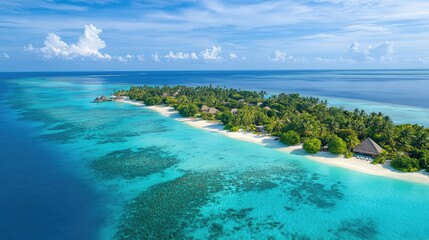 A picturesque tropical island with vibrant turquoise waters, soft white beaches, and lush greenery under bright skies