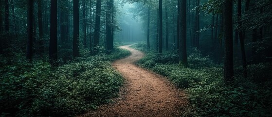 Fototapeta premium A winding dirt path leads through a misty forest.