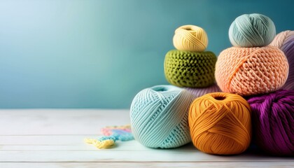 Colorful Yarn Balls Arranged Around Empty Wooden Frame, pastel colors, National Crochet Month