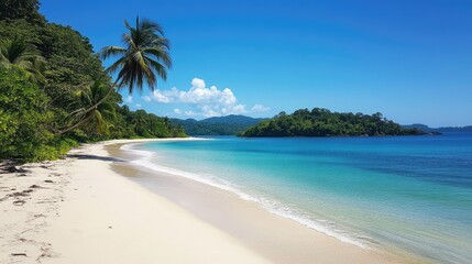 Obraz premium A serene tropical beach with turquoise waters, white sands, and tall palm trees under a bright, cloudless blue sky
