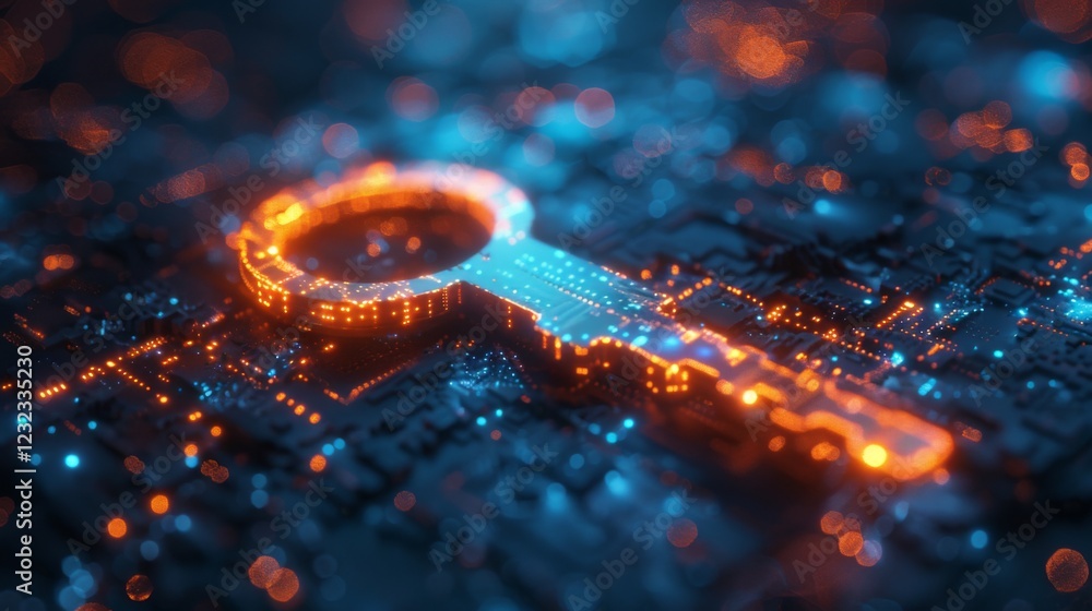 Fototapete A digital key created from luminous data points shines bright against a dark circuit board backdrop, symbolizing the importance of cybersecurity and encryption in modern technology.