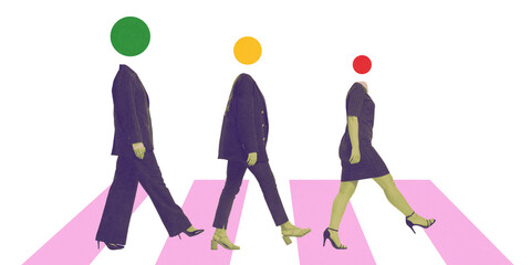 Conceptual art design. Business professionals walking in sync with heads replaced by traffic light colors symbolizing structured workflow and progress.