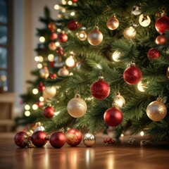 Delicate Christmas ornaments scattered around a beautifully lit Christmas tree, sparkling, twinkling, holiday season