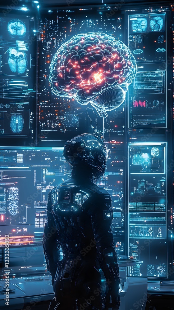 Poster futuristic lab scene with a central figure in a glowing suit and hightech headset connected to a flo