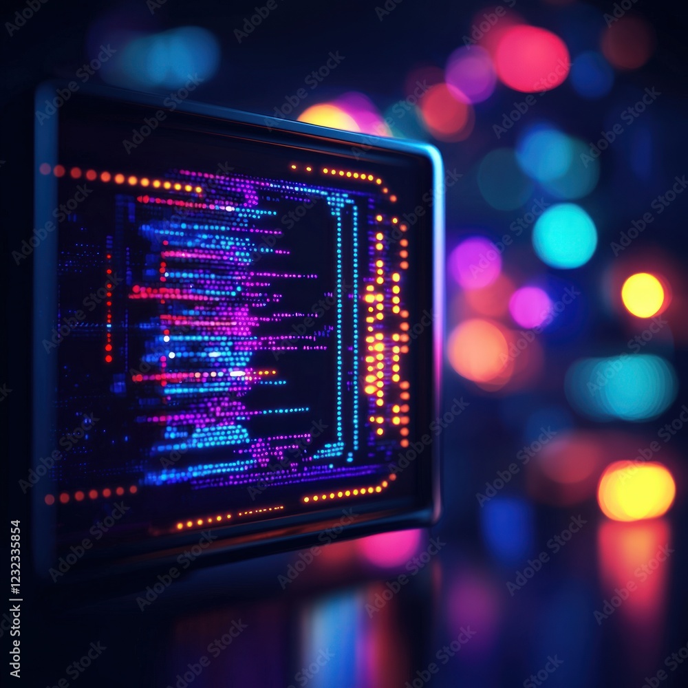 Poster colorful neon waveform display with abstract digital lights in a dark background