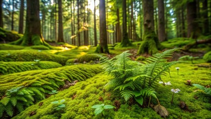 Fototapeta premium Dense mat of moss on a forest floor with ferns and wildflowers, natural world, greenery