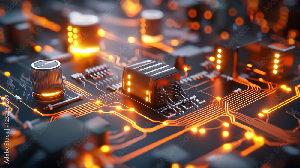 Poster close-up view of a complex circuit board with glowing orange lights and intricate connections on a d