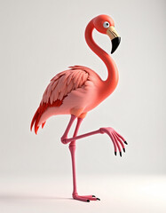 Fototapeta premium Elegant 3D Cartoon Flamingo Standing on One Leg, Cute Exotic Bird on White Background 