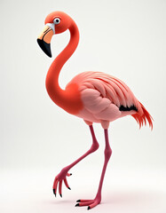 Fototapeta premium Elegant 3D Cartoon Flamingo Standing on One Leg, Cute Exotic Bird on White Background 