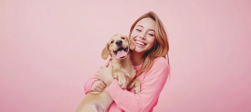 Smiling Veterinarian with a Happy Dog Against a Pink Background