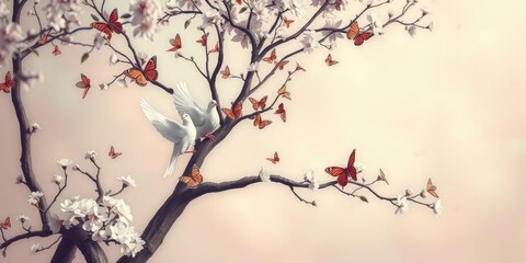 Doves and Butterflies on a Tree of Life in Soft Pastel Tones, butterflies, tree of life, peaceful