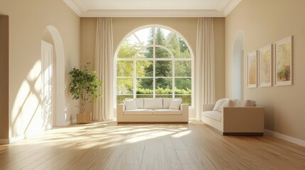 Fototapeta premium Sunlit Luxury Living Room with Arch Window and Hardwood Floors.