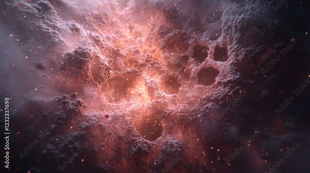 Poster high magnification microscopic view of abstract cosmic formations with glow and texture