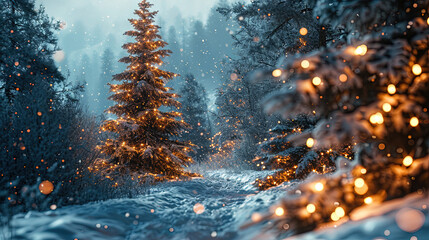 Christmas Scene With Christmas Tree In Winter Forest