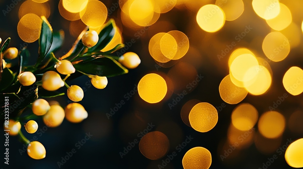 Aufkleber delicate branch with small berries against a soft golden bokeh background