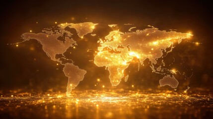 Global Network Illuminated World Map Golden Dots Data Points Connectivity