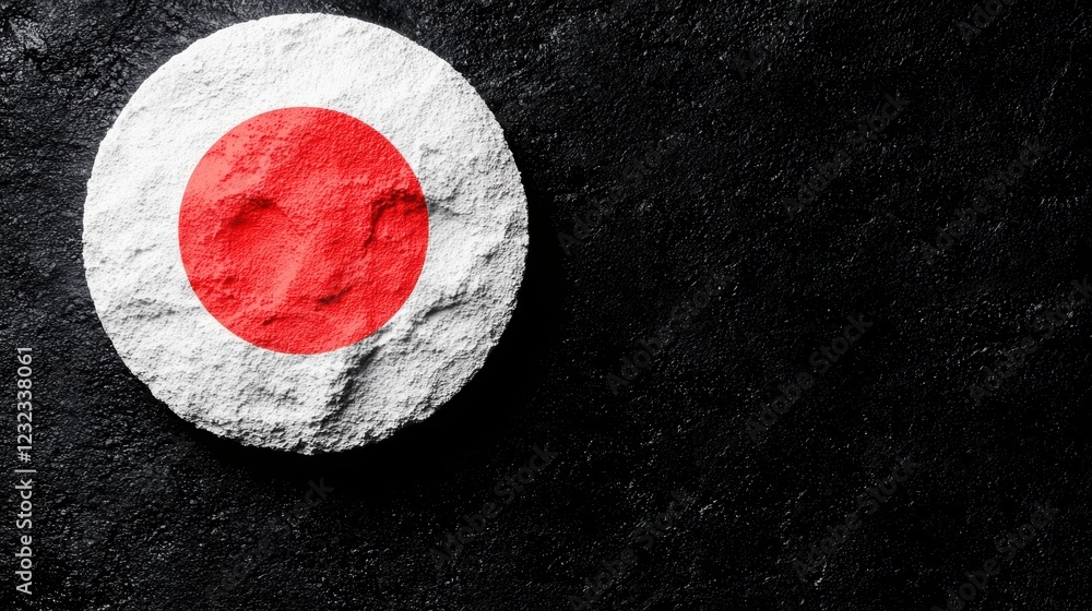 Poster japanese flag on textured surface with red circle and white background in artistic composition