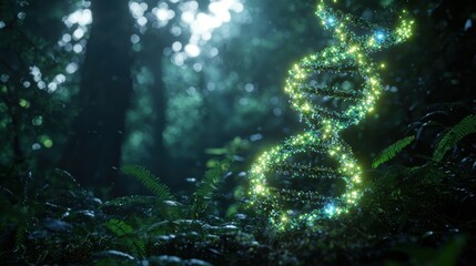 Vibrant DNA Helix Integrated into Lush Ecosystem with Glowing Particles in Forest Environment