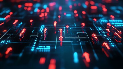 Upward red arrow pattern on a grid in a digital space