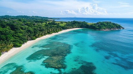 Obraz premium Idyllic tropical coastline with turquoise waters, white sand beaches, and palm trees under a warm, clear sky