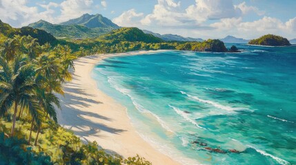 Obraz premium Idyllic tropical coastline with turquoise waters, white sand beaches, and palm trees under a warm, clear sky
