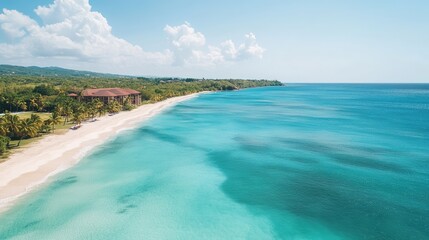 Idyllic tropical coastline with turquoise waters, white sand beaches, and palm trees under a warm, clear sky