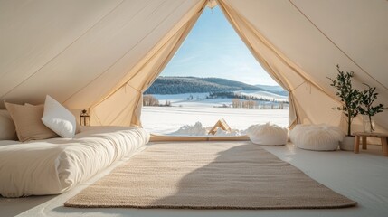 Fototapeta premium Cozy and Inviting Tent Setup in Scenic Winter Landscape with Warm Natural Light
