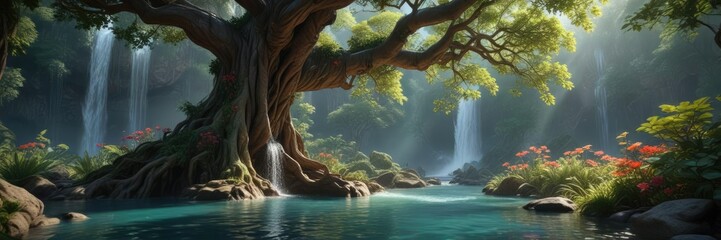 Fototapeta premium Exotic flowers and vines entwine ancient tree trunks, providing a canopy for a secluded waterfall cascading into a tranquil pool , nature, jungle