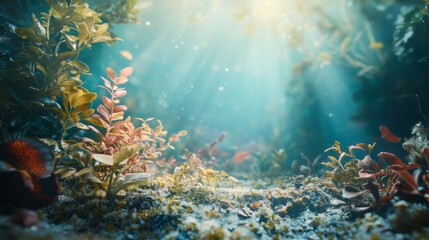 Underwater scene with sunlight rays and plants