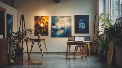 Modern creative studio with artwork and plants