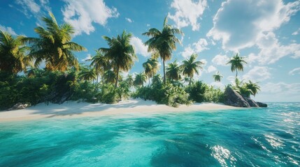 Idyllic tropical island with turquoise ocean, white sand shoreline, and lush palm trees swaying under bright, clear skies