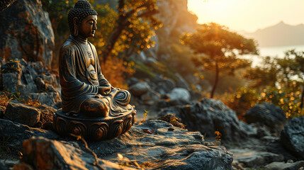 Buddha Statue In Forest On Blurry Background