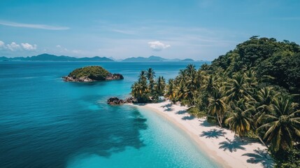 Fototapeta premium Idyllic tropical island with turquoise ocean, white sand shoreline, and lush palm trees swaying under bright, clear skies