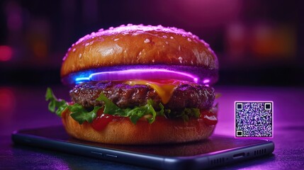 A juicy cheeseburger sits on a smartphone with a glowing neon light around it and a QR code nearby.