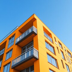 An apartment building with orange walls, viewed from a low angle, emphasizing its height and architecture.