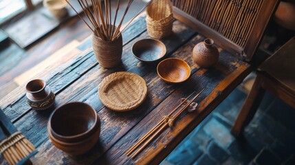Rustic wooden table with natural utensils and decor