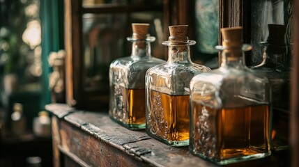 Vintage glass bottles arranged on a wooden shelf