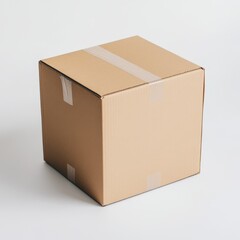 Closed square cardboard box sealed with tape on white background.