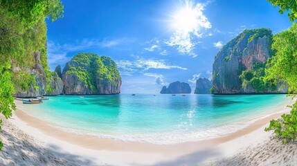 Obraz premium Panoramic shot of an idyllic tropical beach, crystal-clear turquoise water, white sand, and lush greenery under sunny skies