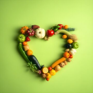 Vegetables and fruits arranged in a heart shape against a light green backdrop