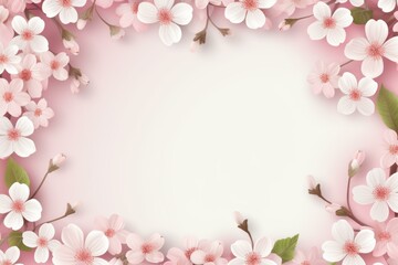 Fototapeta premium Gentle pink cherry blossoms create a delicate frame on a soft pink background, perfect for spring themed designs