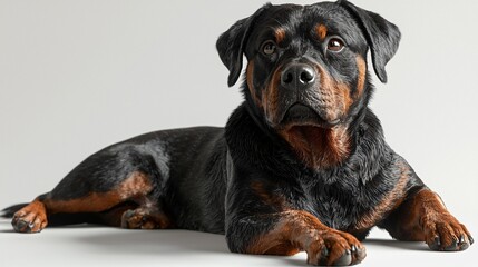 Fototapeta premium Majestic Rottweiler Dog Lying Down Studio Shot Black and Tan Fur