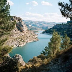 A large dam spanning across the river, controlling the water flow and generating power.
