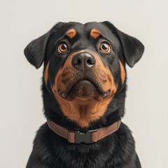 Obraz premium Adorable Rottweiler Puppy Close Up Portrait Curious Expression Brown Leather Collar