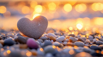 Fototapeta premium Close-up of a heart-shaped pebble balanced on other stones on a beach.
