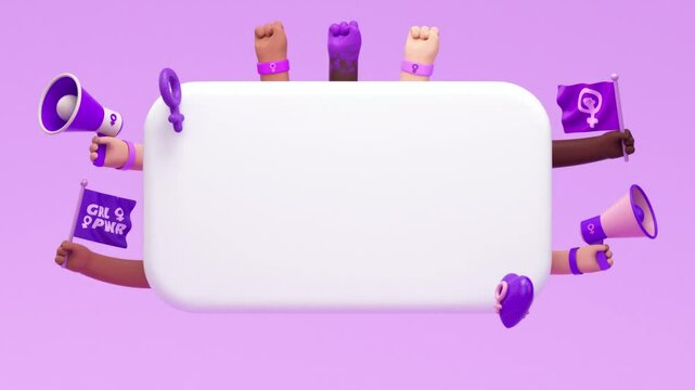 International Womens Day looping video with blank message box and activist women's hands in 3d animation. March 8 for feminism, independence, empowerment, activism for women rights